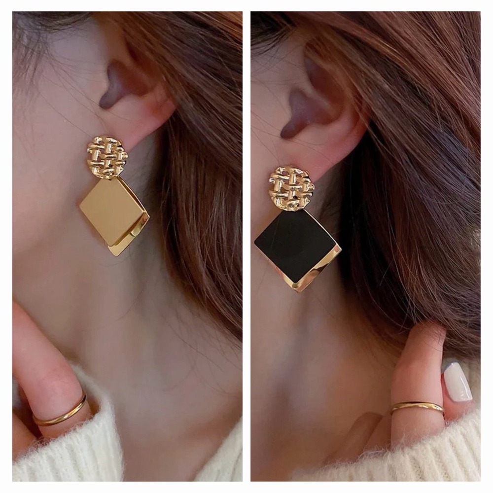 Geometric Gold Square Drop Earrings Set | Black & Gold Layered Statement Earring